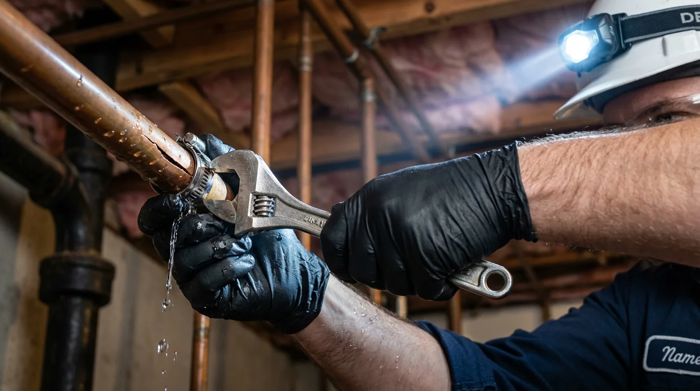 Emergency pipe clamp repair being performed by a Johns Plumbing LLC plumber in Edgard