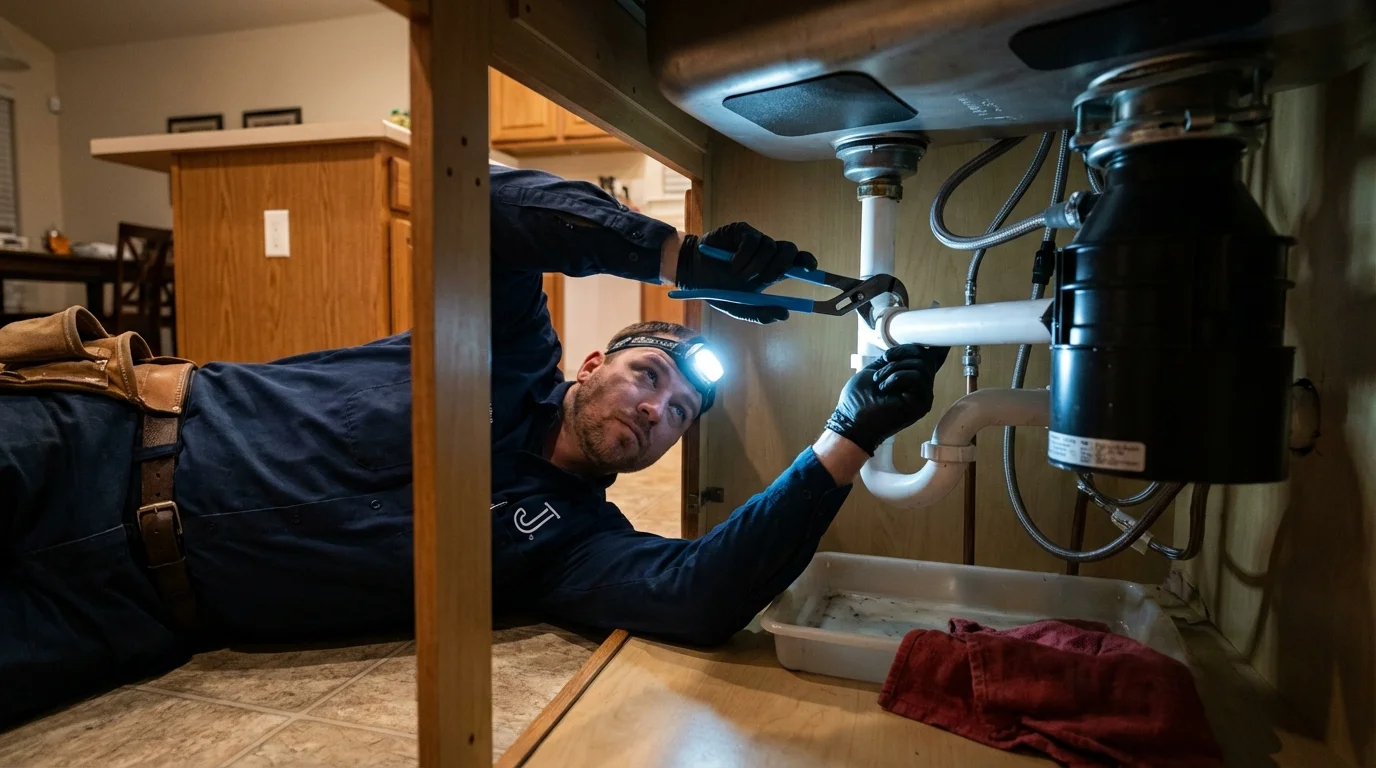P-trap and supply line connections under a kitchen sink showing a common leak point in Edgard, LA